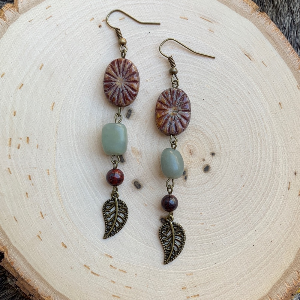 Boho Beaded Brass Feather Earrings